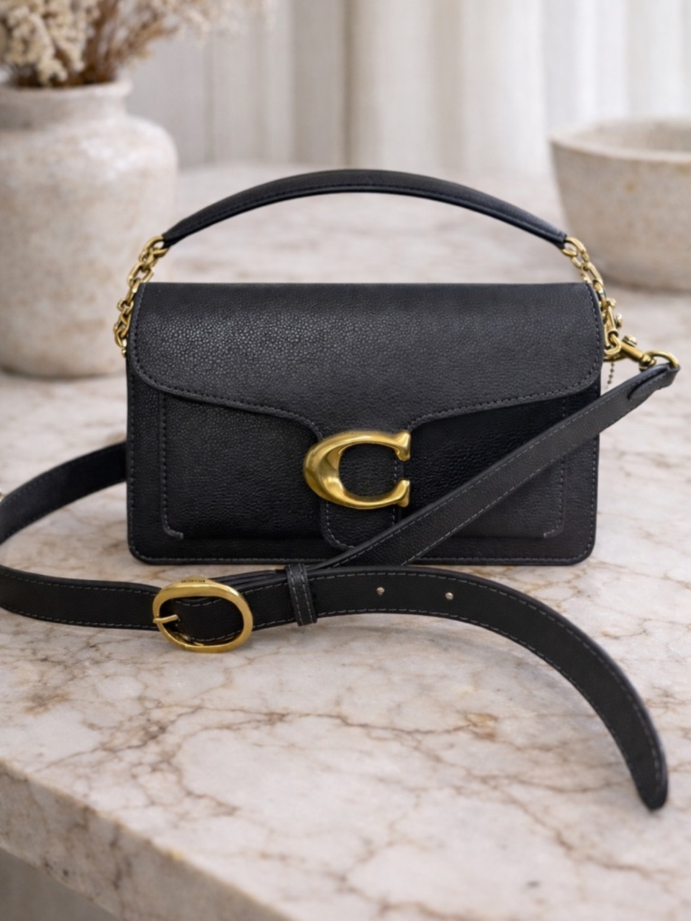 Black Leather Coach Tabby 26 Shoulder Bag with Gold Hardware
